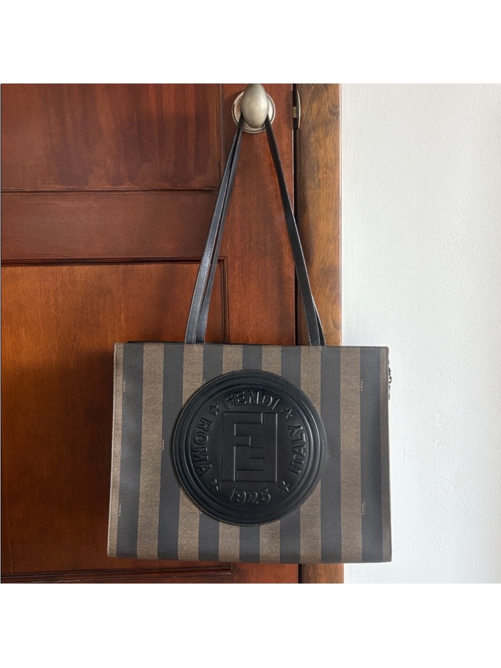 Fendi Pequin Brown Striped Logo Tote Bag Large